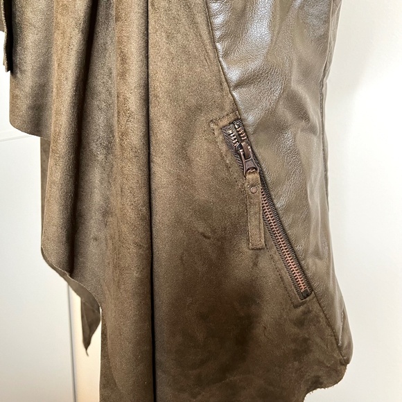 BNCI Blanc Noir Faux Leather Suede Jacket Size Small Brown Draped Scarf Coat - Picture 7 of 14